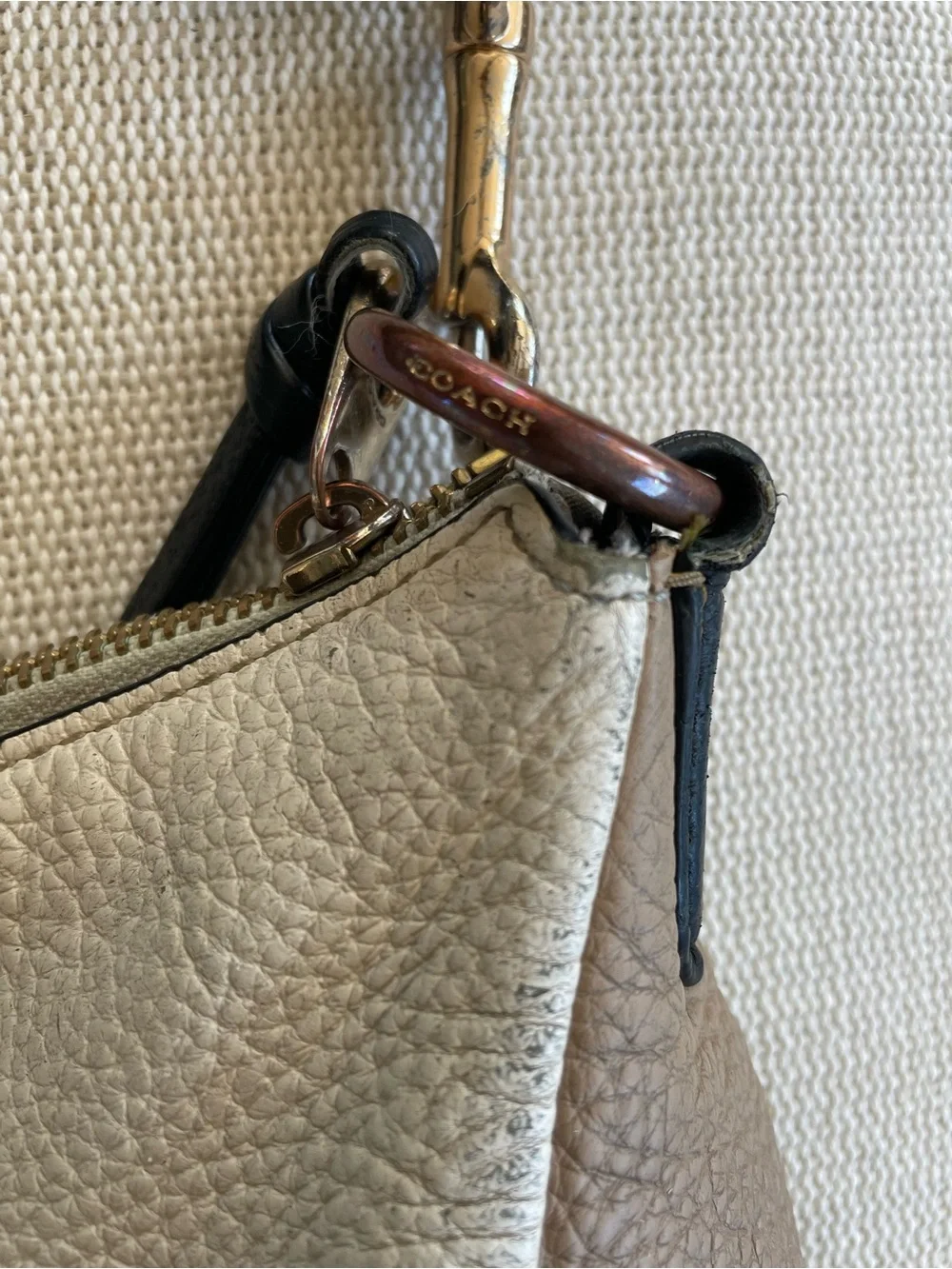 Coach Pennie Pebbled Leather Crossbody Shoulder Bag in Cream and Brown